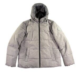 Michael Kors Puffer Jacket Mens Medium Gray Hooded Logo Patch Quilted Coat Logo